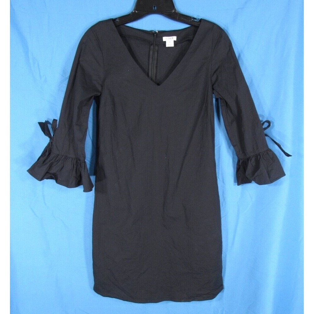 J. CREW Shift Dress BLACK Ruffle Cuff w/TIE SLEEVE Stretch Cotton Twill SZ 00